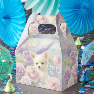 cute white puppy with flowers geschenkschachtel