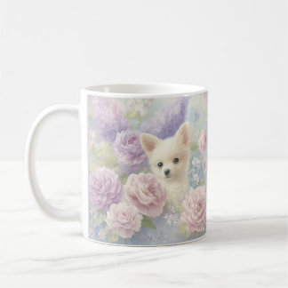 cute white puppy with flowers kaffeetasse