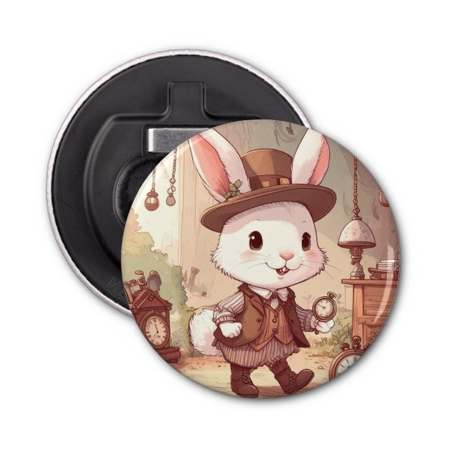 Cute White Rabbit Wonderland Whimsical Timekeeper Flaschenöffner (Vorderseite)