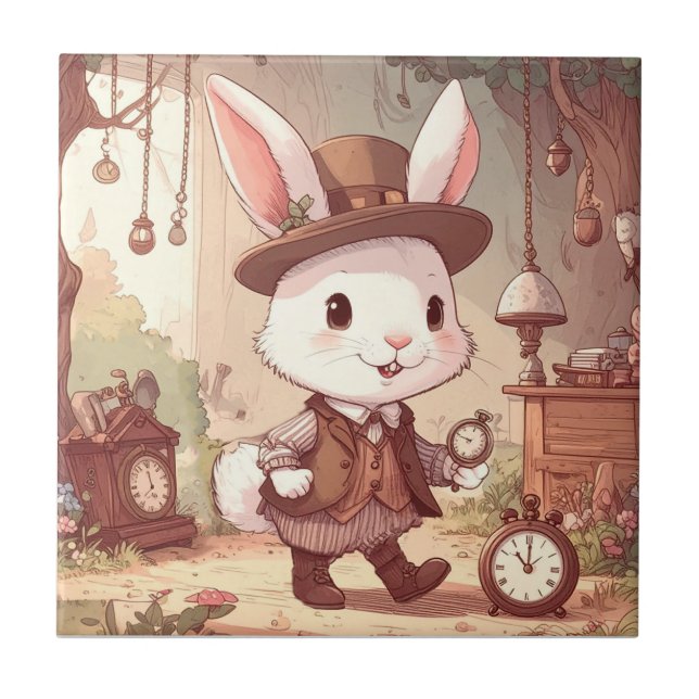 Cute White Rabbit Wonderland Whimsical Timekeeper Fliese (Vorderseite)