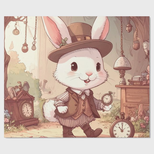 Cute White Rabbit Wonderland Whimsical Timekeeper Geschenkpapier (Flach)