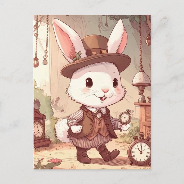 Cute White Rabbit Wonderland Whimsical Timekeeper Postkarte (Vorderseite)