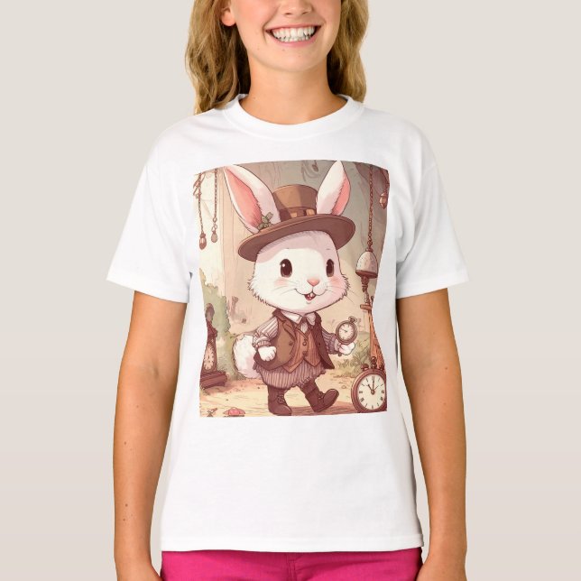 Cute White Rabbit Wonderland Whimsical Timekeeper T-Shirt (Vorderseite)