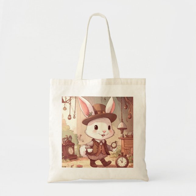 Cute White Rabbit Wonderland Whimsical Timekeeper Tragetasche (Vorne)