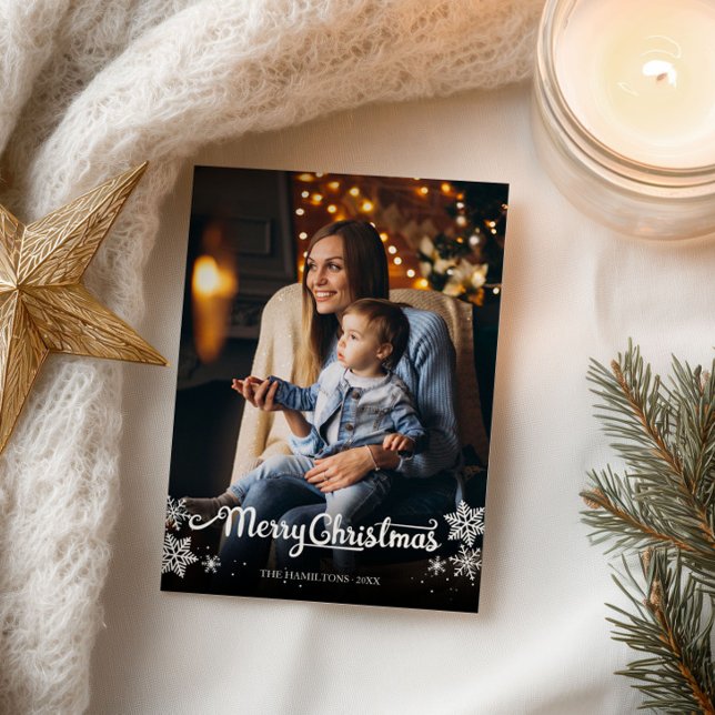 Cute White Script Foto von Snowflake Christmas Postkarte (Von Creator hochgeladen)