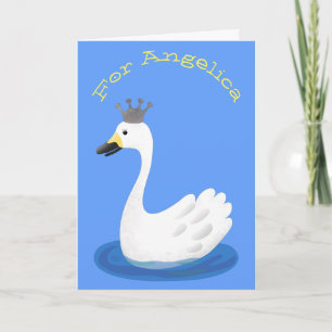 Cute white swan with crown cartoon karte