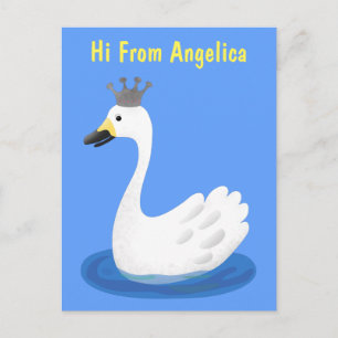 Cute white swan with crown cartoon postkarte