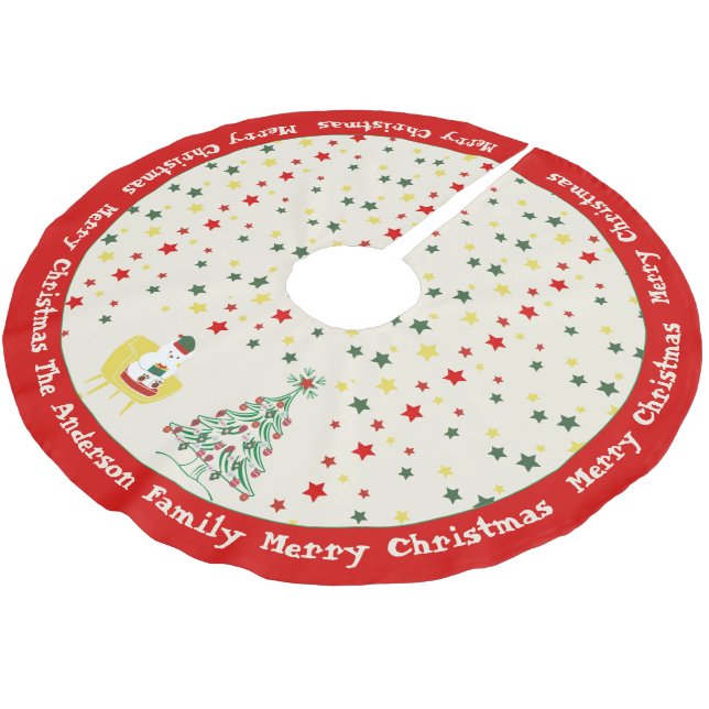 Cute White Teddy Bear & Pine Tree Merry Christmas Polyester Weihnachtsbaumdecke (Schrägansicht)