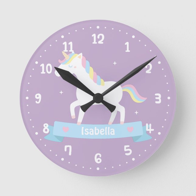 Cute White Unicorn Girls Bedroom Wall Clock Runde Wanduhr (Vorderseite)