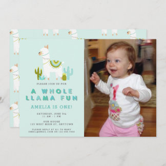 Cute Whole Llama Fun Aqua First Birthday Photo Einladung