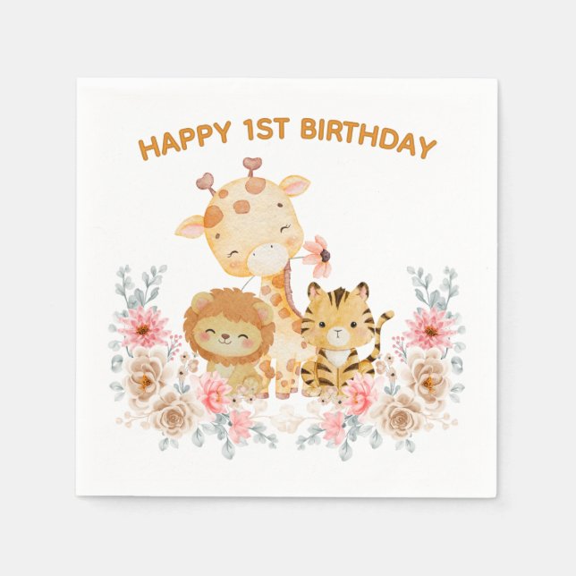 Cute Wild Animal Floral Serviette (Vorderseite)