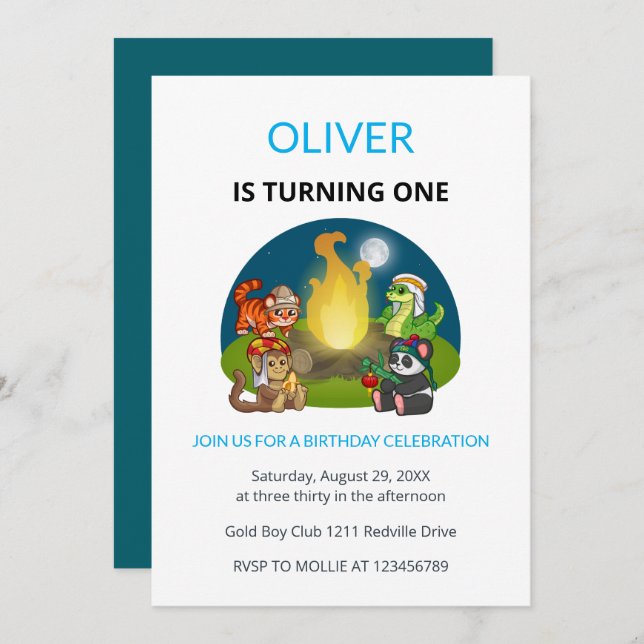 Cute Wild Animals Campfire Kids First Birthday Einladung (Vorne/Hinten)