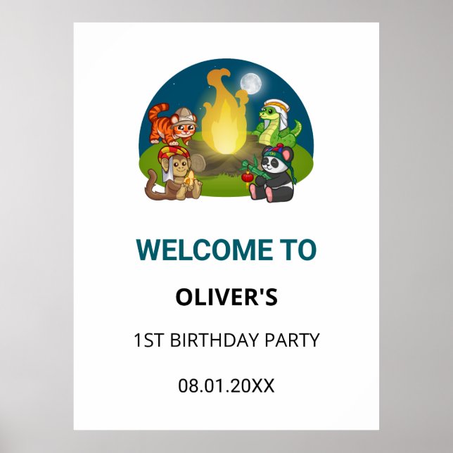 Cute Wild Animals Jungle Camping Birthday Welcome Poster (Vorne)