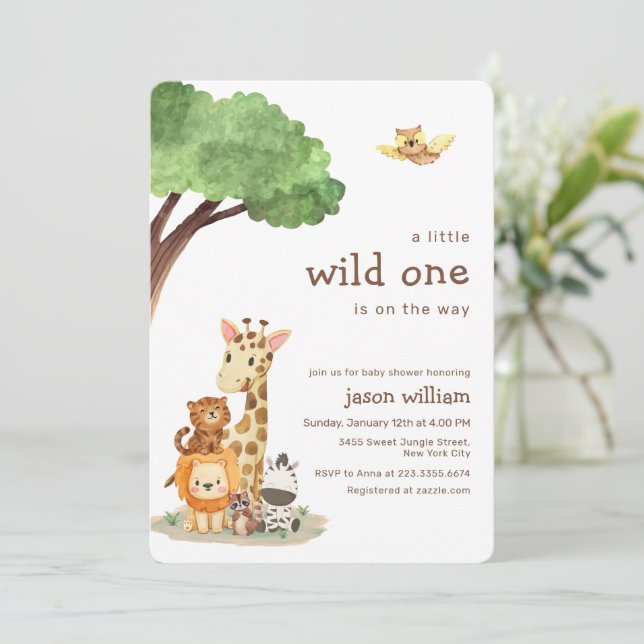 Cute Wild One Jungle Safari Animals Baby Shower Einladung (Stehend Vorderseite)