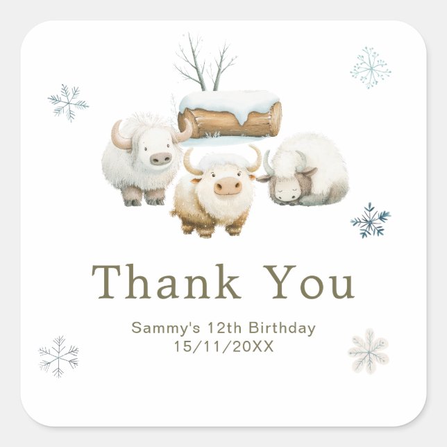 Cute Winter Arctic Cow Birthday Quadratischer Aufkleber (Vorderseite)