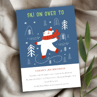 Cute Winter Forest Bear Ski Any Age Kids Birthday Einladung