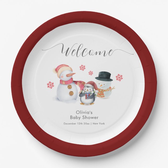 Cute Winter Penguin Snowman Baby Shower Welcome  Pappteller (Vorderseite)