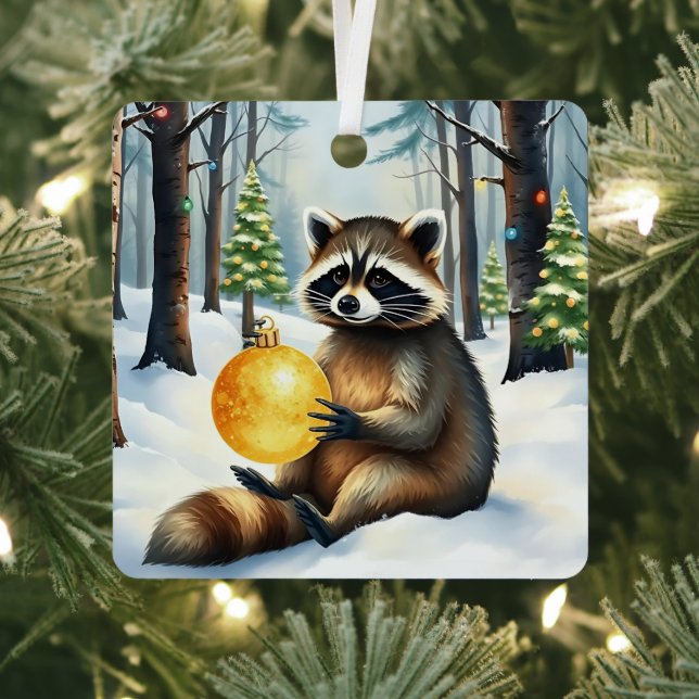 Cute Winter Raccoon with Gold Ornament Christmas Aus Metall (InSitu)