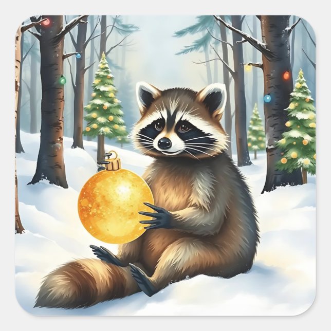 Cute Winter Raccoon with Gold Ornament Christmas Quadratischer Aufkleber (Vorderseite)