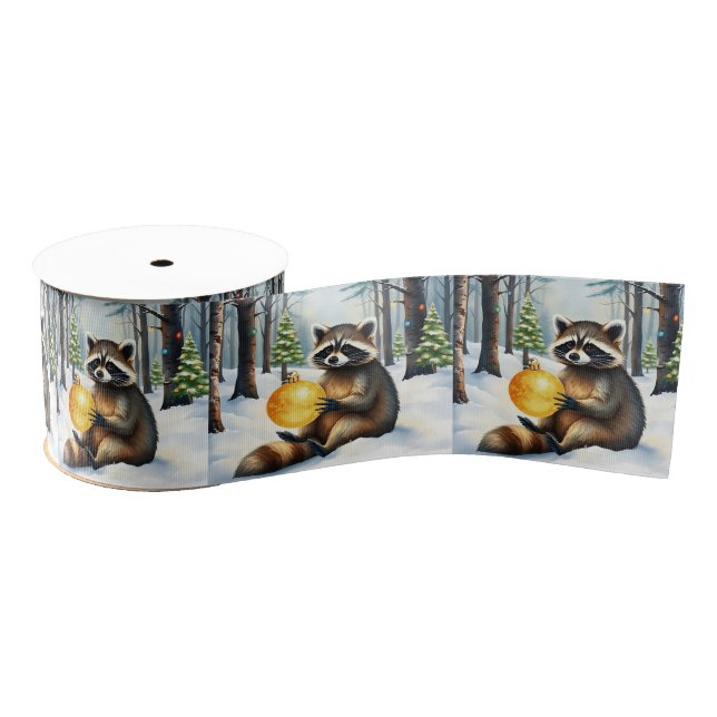 Cute Winter Raccoon with Gold Ornament Christmas Ripsband (Spule)