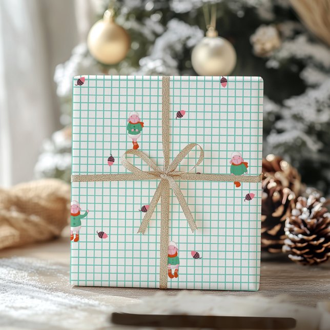 Cute Winter Sheep & Acorns on Mint Grid- Christmas Geschenkpapier (Von Creator hochgeladen)