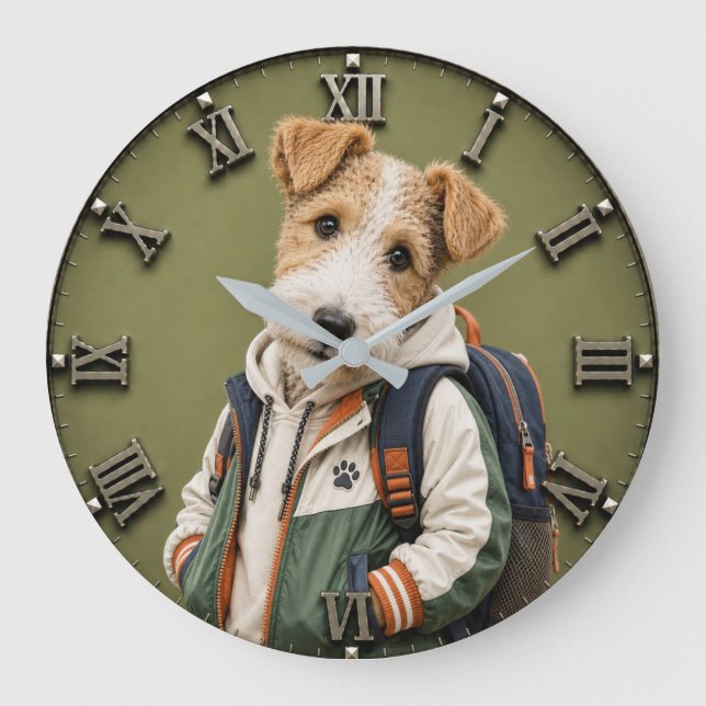 Cute Wire Fox Terrier Puppy Große Wanduhr (Vorderseite)