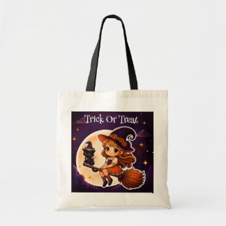 Cute Witch and Black Cat Halloween Tote Bag Tragetasche