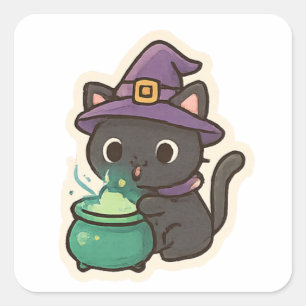 Cute Witch Cat Brewing Potion – Kawaii Halloween Quadratischer Aufkleber