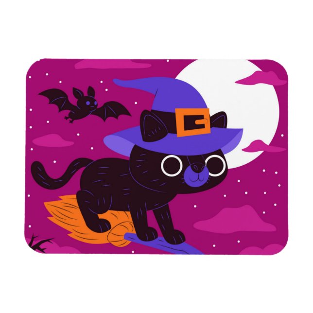 Cute Witch Cat Flying on Broom Halloween Kawaii Magnet (Horizontal)