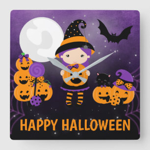 Cute Witch Girl and Pumpkins Happy Halloween Quadratische Wanduhr