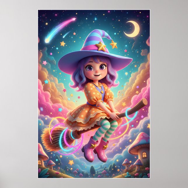 Cute Witch Girl Flying on Broom | Kawaii Fantasy  Poster (Vorne)