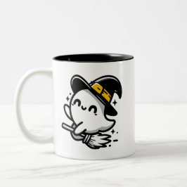 Cute Witchy Ghost on Broom Halloween Mug | Two-Sid Zweifarbige Tasse