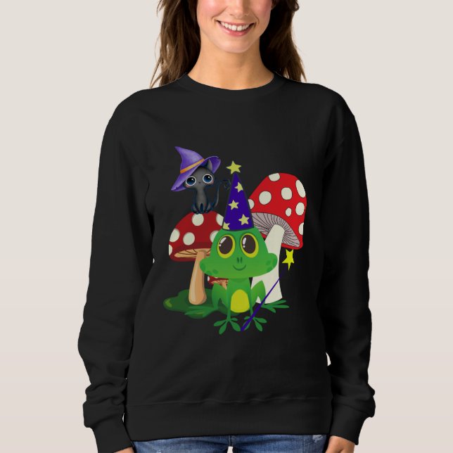 Cute Wizard Frog and Witch Black Cat Mushrooms Hal Sweatshirt (Vorderseite)