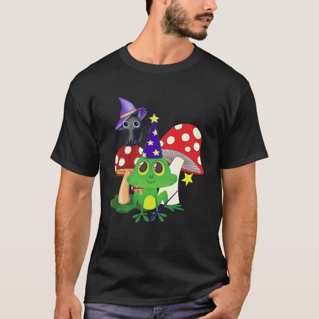 Cute Wizard Frog and Witch Black Cat Mushrooms Hal T-Shirt (Vorderseite)