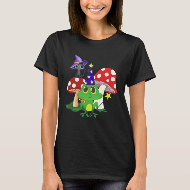 Cute Wizard Frog and Witch Black Cat Mushrooms Hal T-Shirt (Vorderseite)