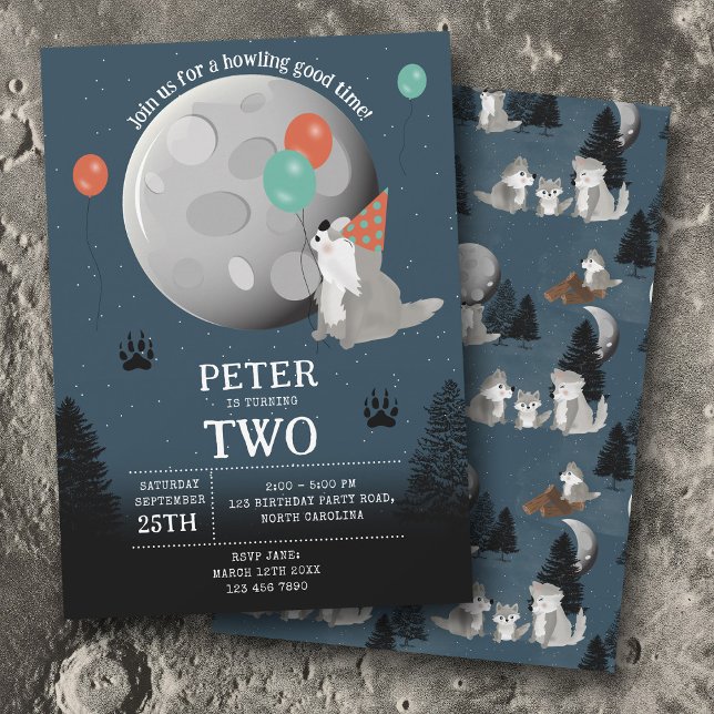 Cute Wolf Pack Woodland Moon Howling Birthday Einladung (Cute Wolf Pack Woodland Moon Howling Birthday Invitation)