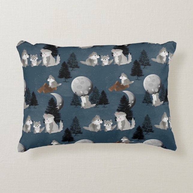 Cute Wolf Pack Woodland Night Baby Nursery Dekokissen (Vorderseite)