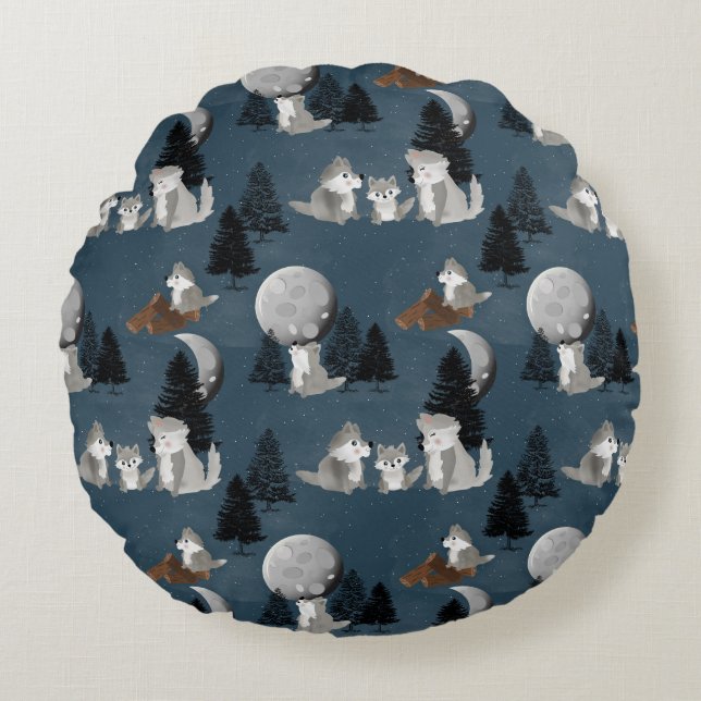 Cute Wolf Pack Woodland Night Kids Bedroom Rundes Kissen (Vorderseite)