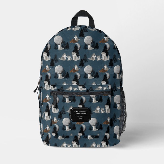 Cute Wolf Pack Woodland Night Sky Bedruckter Rucksack (Vorderseite)