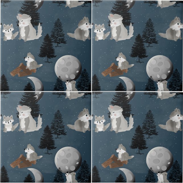Cute Wolf Pack Woodland Night Sky Moon Fliese (Cute Wolf Pack Woodland Night Sky Moon Ceramic Tile)