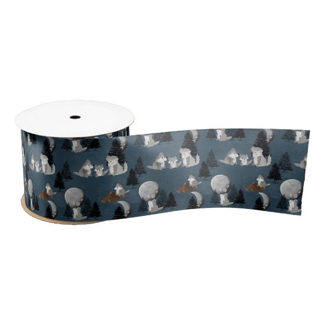 Cute Wolf Pack Woodland Night Sky Moon Satinband (Spule)
