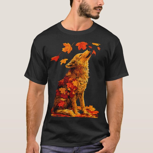 Cute Wolf With Fall Leaves Forest Animal Autumn Ae T-Shirt (Vorderseite)