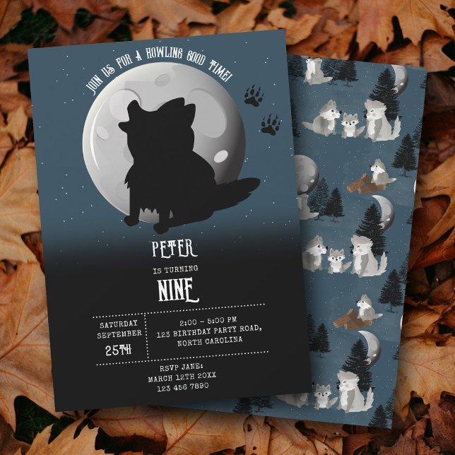 Cute Wolf Woodland Moon Howling Kids Birthday Einladung (Cute Wolf Woodland Moon Howling Kids Birthday Invitation)
