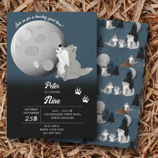 Cute Wolf Woodland Moon Howling Kids Birthday Einladung