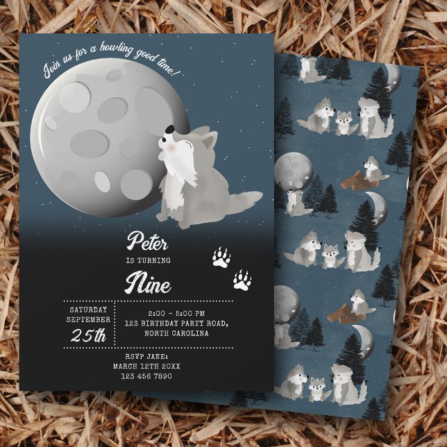 Cute Wolf Woodland Moon Howling Kids Birthday Einladung (Cute Wolf Woodland Moon Howling Kids Birthday Invitation)