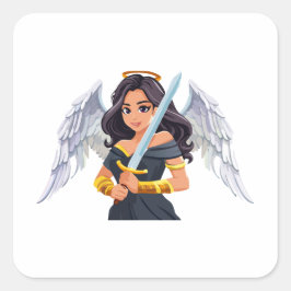 Cute woman Angel's with open wings and sword Quadratischer Aufkleber