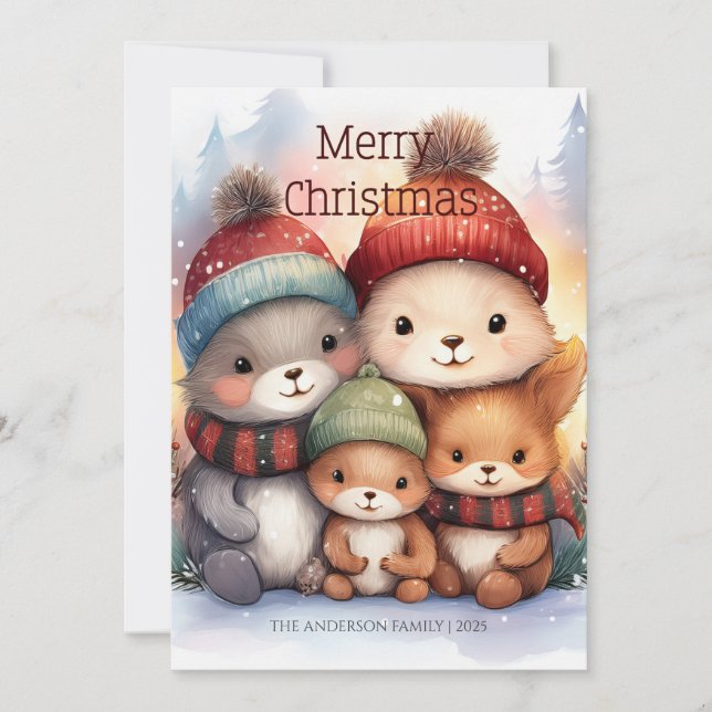 Cute Woodland Animal Family Merry Christmas Karte (Vorderseite)