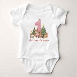 Cute Woodland Animals Baby First Christmas Pink 1 Baby Strampler