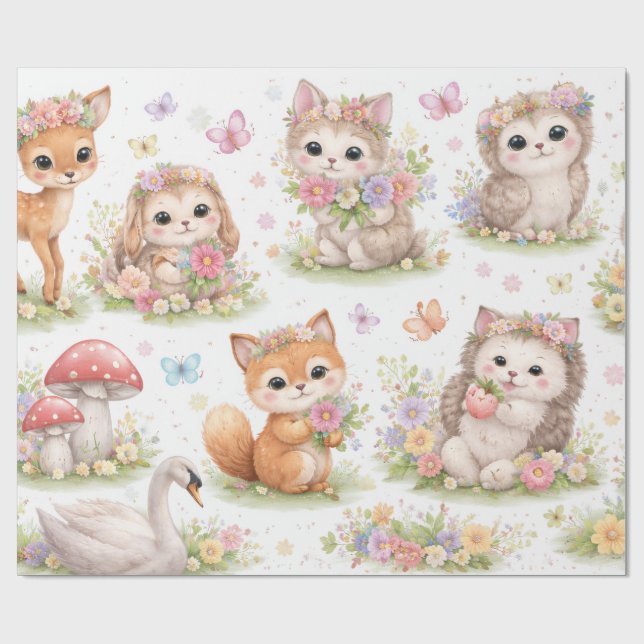 Cute Woodland Baby Animals Floral Wrapping Paper Geschenkpapier (Flach)