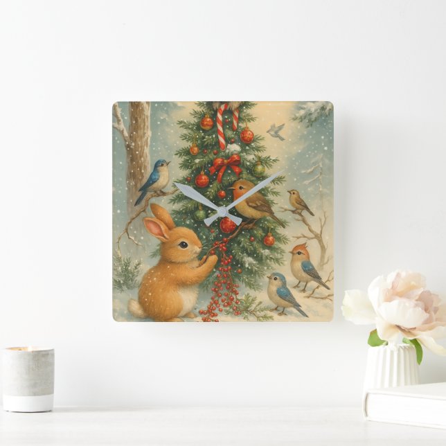 Cute woodland bunny Christmas cozy festive winter  Quadratische Wanduhr (Zuhause)